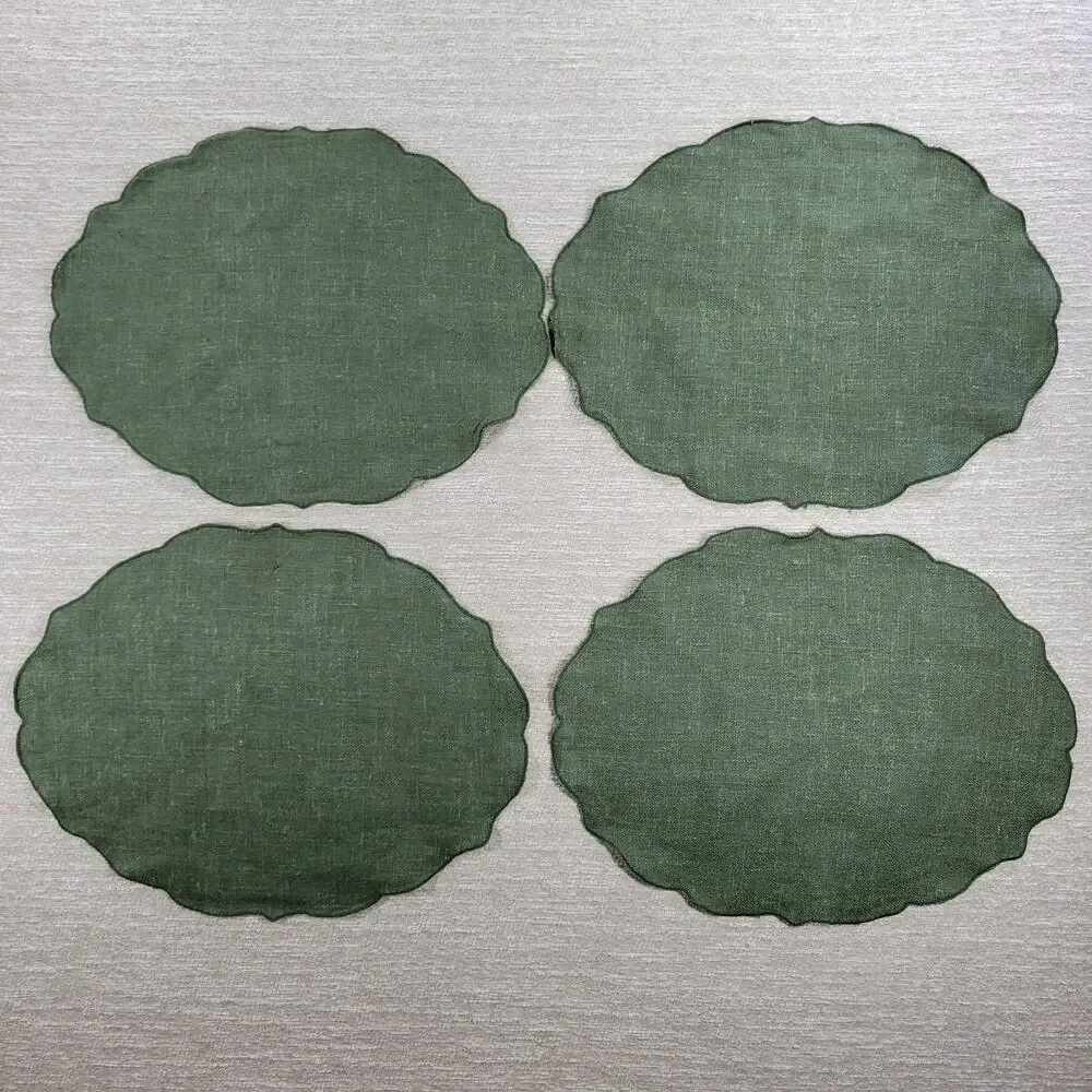 VTG Williams Sonoma Linen Placemats Sage Green Scalloped Edge Oval Set of 4